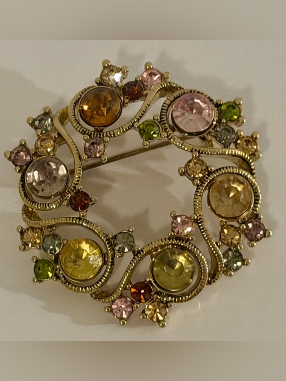 Signed Monet Vintage Brooch Pastel Rhinestone Gold Tone Circle Pin Wreath Design